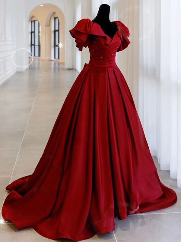 Burgundy Off Shoulder Satin Long Prom Evening Dress KPP1612