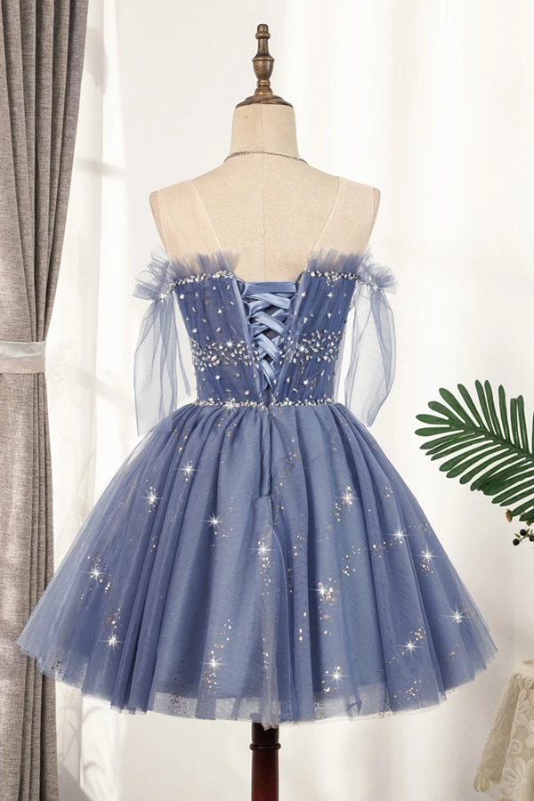Flowy Cute A line Blue Homecoming Dresses Short Beading Prom Dress KPH0553