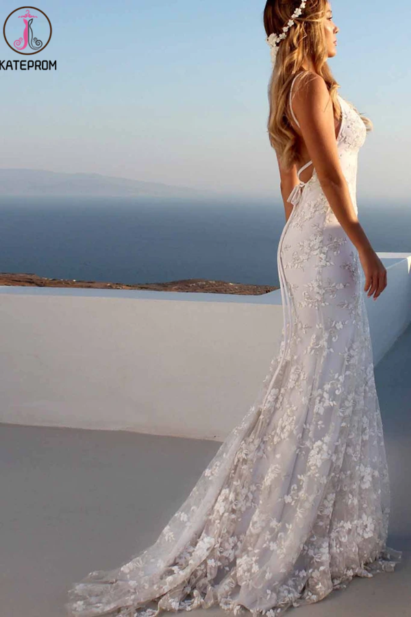 Sexy Backless Off White Mermaid Lace V Neck Wedding Dresses, Long Prom Dresses KPW0611