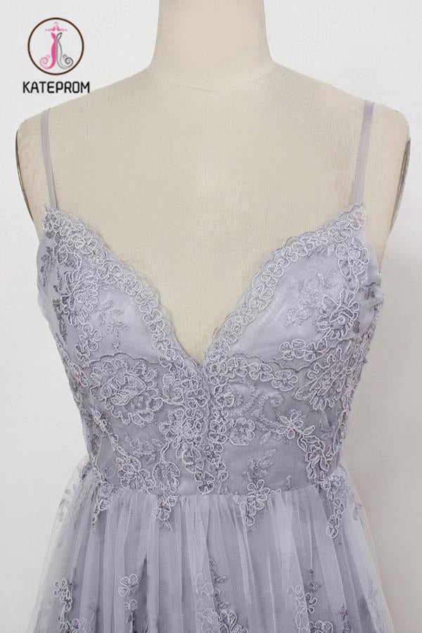 Spaghetti Straps Long Lace Prom Gown, A Line V Neck Sleeveless Formal Dresses KPP0894