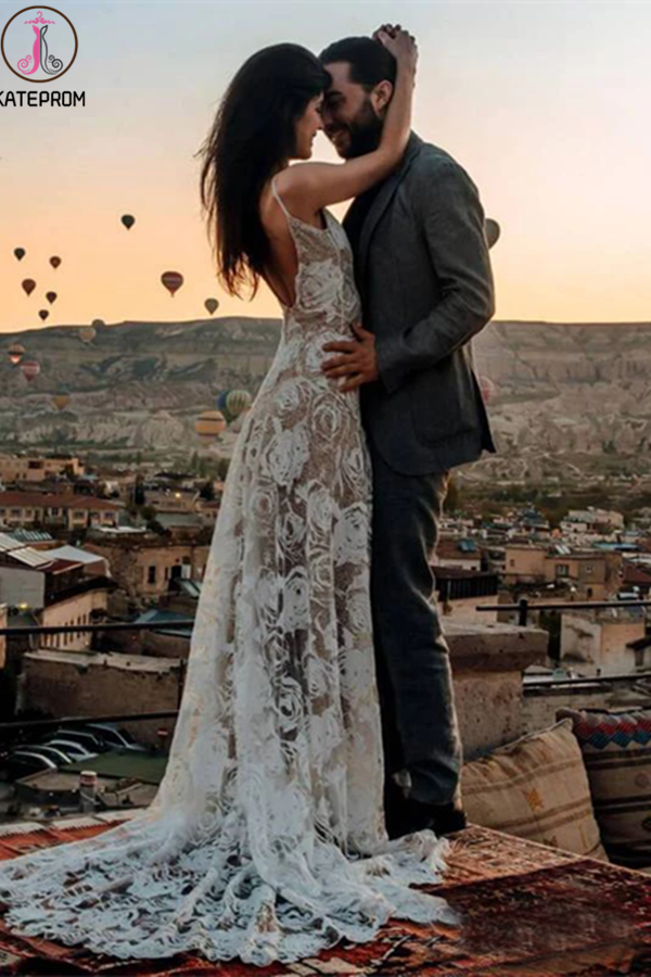 Rose Lace Sheath Wedding Dresses Spaghetti Strap Boho Beach Wedding Dress KPW0618