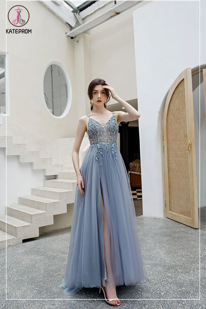 A Line Spaghetti Straps Tulle Prom Dress with Side Slit, Long Evening Dress with Beads KPP1295