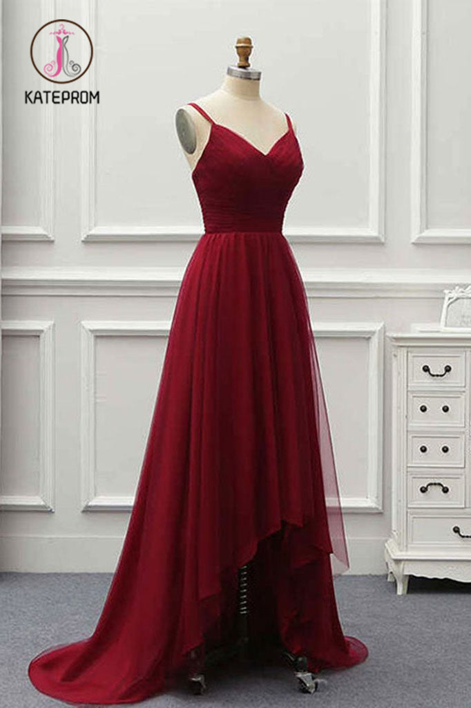 A Line High Low Tulle Prom Dress with Train, Burgundy V Neck Backless Formal Dress KPP0887