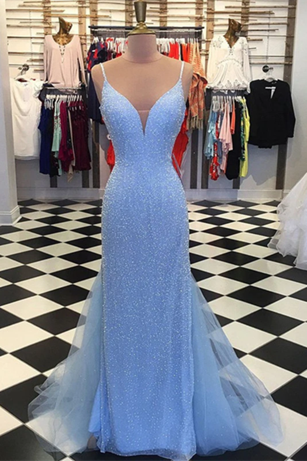 Backless Mermaid V Neck Light Blue Prom Dresses, Formal Dresses KPP1356