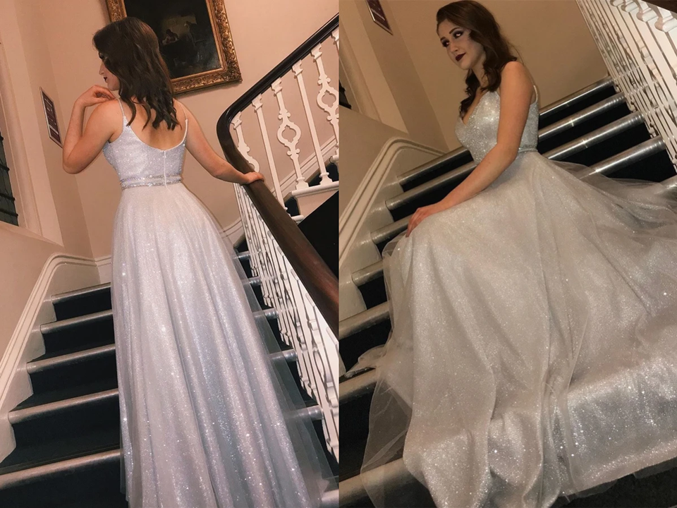 Glitter Silver Long Prom Dress with V Neckline for Sale KPP1411