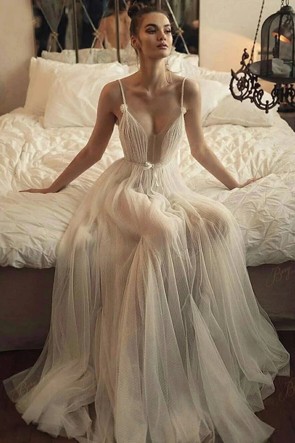 Beaded Tulle Skirt Spaghetti Straps Long Wedding Gown Beach A line Illusion Women Bridal Dress KPW0653
