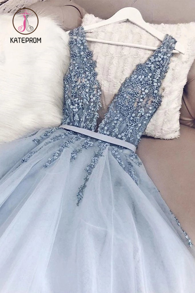 Blue V Neck Tulle Beading Long Prom Dress, Gorgeous Backless Long Evening Dresses KPP0981