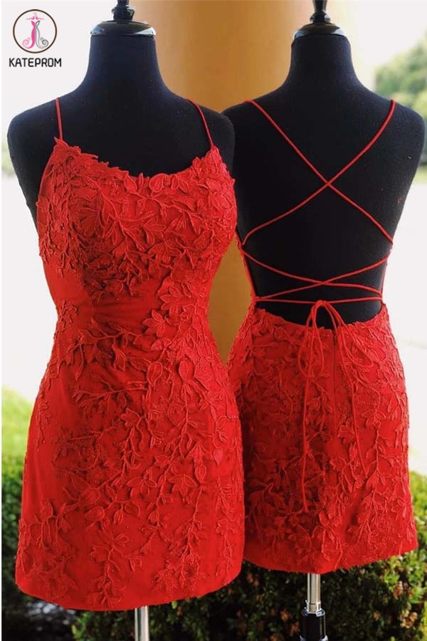 Tie Back Appliqued Sheath Burgundy Blue Pink Short Prom Dress Homecoming Dress KPH0492