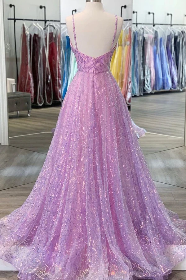 Shiny V Neck Backless Lilac Prom Dresses with Straps, Formal Dresses, Purple Evening Dresses KPP1458