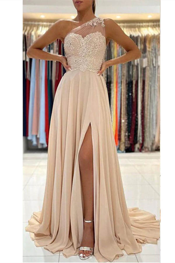 Chic A line One Shoulder Long Prom Dress Lace Evening Dress With Split KPP1582