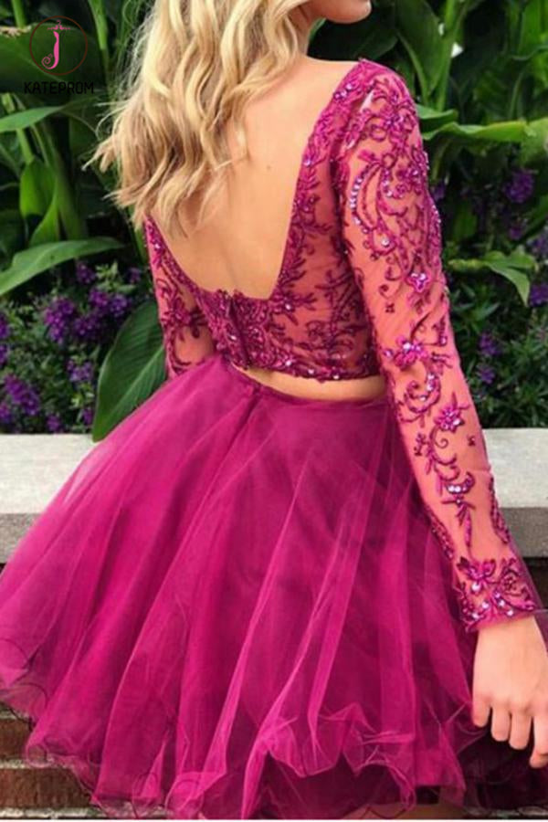 Fuchsia Two Piece Long Sleeves Tulle Homecoming Dress with Beading, Short Prom Dress KPH0317