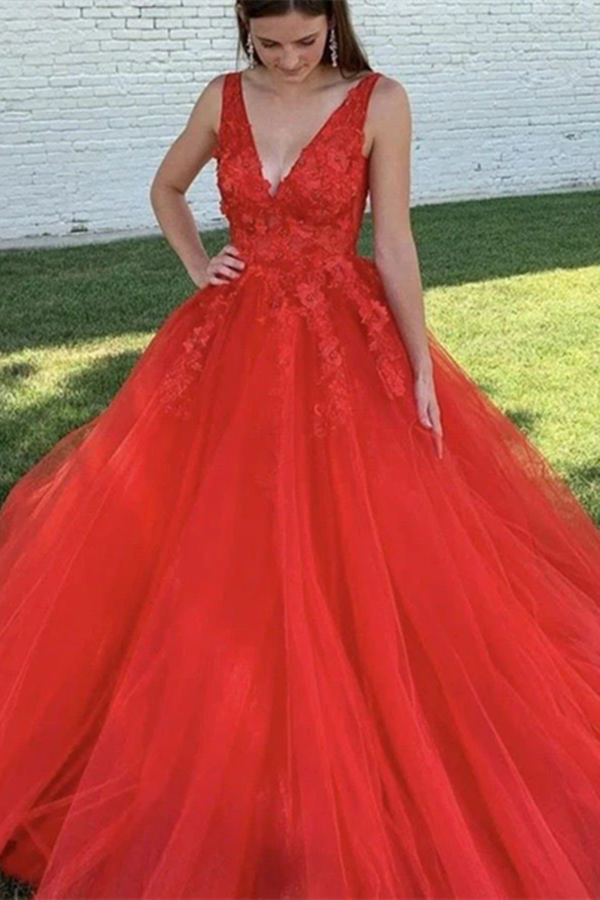 Chic A line Red V neck Beaded Prom Dress Tulle Applique Long Evening Formal Dress KPP1576