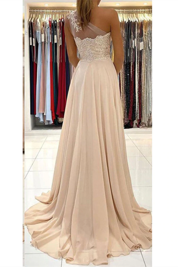 Chic A line One Shoulder Long Prom Dress Lace Evening Dress With Split KPP1582