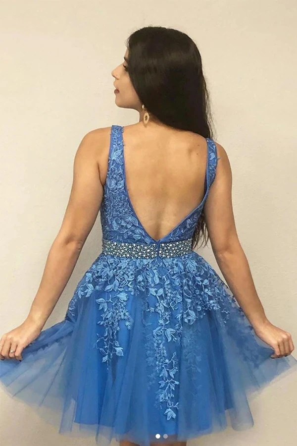 A line V neck Blue Short Prom Dress Homecoming Dress With Appliques KPH0551