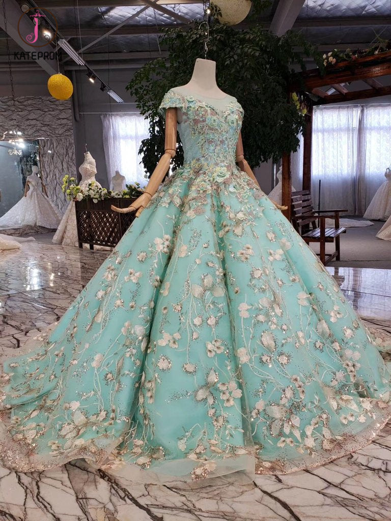 Big Sheer Neck Puffy Prom Dress with Cap Sleeves, Fairy Tale Lace Dress with Beading KPP0856