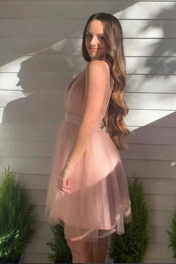 Pink A line Tulle Halter Backless Homecoming Dresses, Short Prom Dresses KPH0665