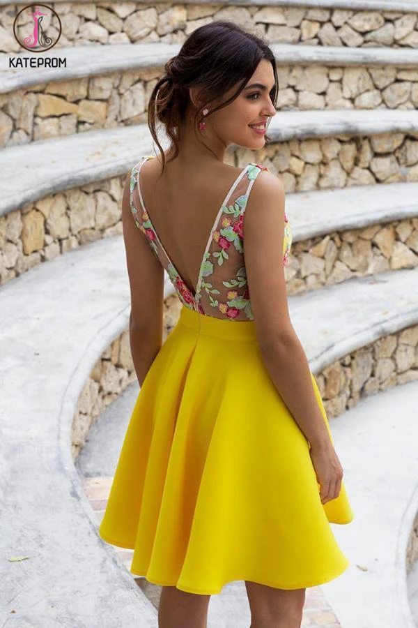Yellow Floral Satin Illusion Back Daffodil V Neck Homecoming Dresses Short Cocktail Dresses KPH0543