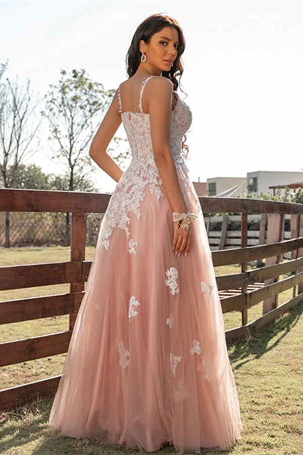 Chic A line Spaghetti Straps V neck Tulle Long Lace Prom Dress Applique Evening Dress KPP1577