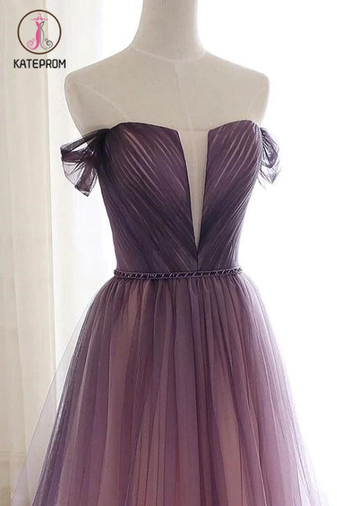 A Line Off the Shoulder Ombre Prom Dresses with Belt, Purple Gradient Long Tulle Formal Dress KPP1123