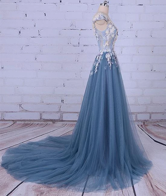 Chic A line Bateau Blue Applique Modest Long Prom Dress Evening Dress KPP1364