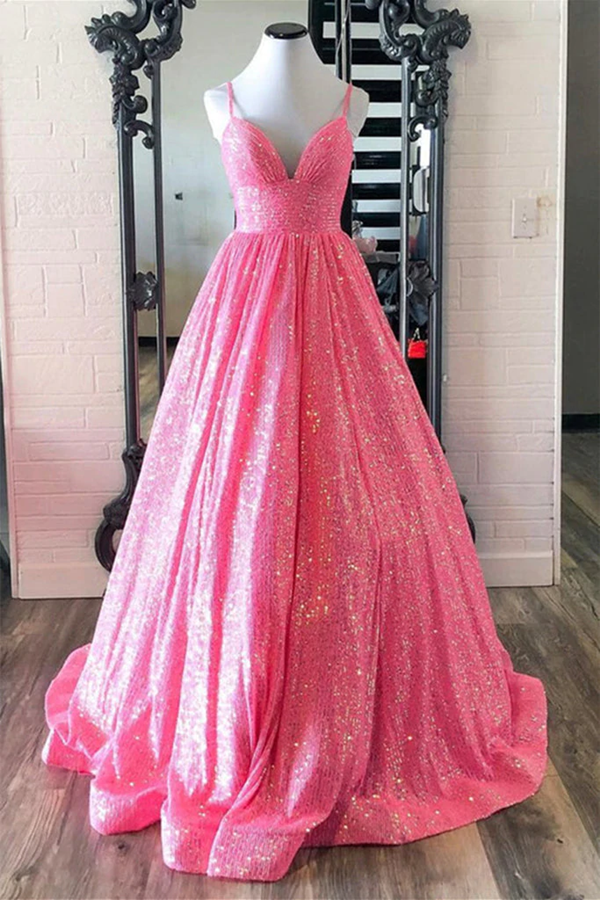 Shiny Hot Pink Sequins V Neck Backless Long Prom Dress KPP1514