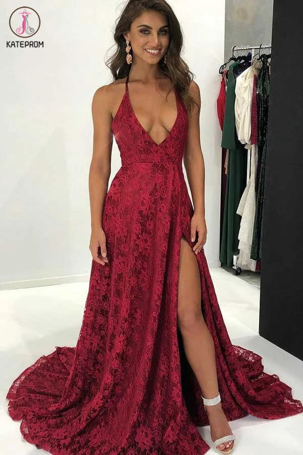 A-Line Halter Sweep Train Red Lace Prom Dress With Split KPP1261