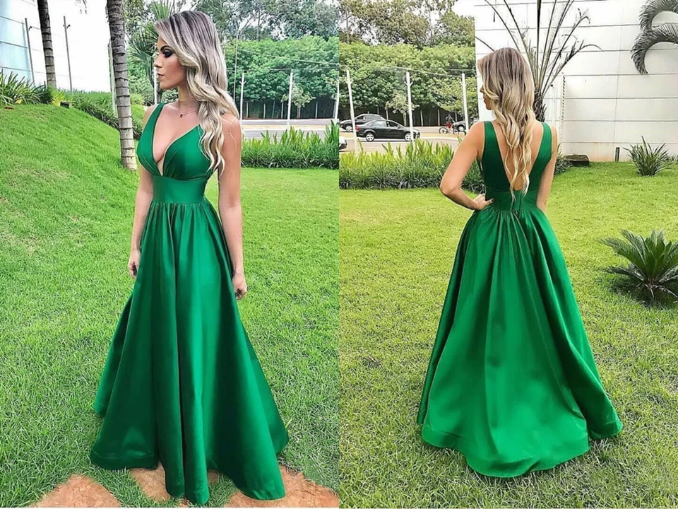 Elegant A Line Sexy V Neck Long Satin Backless Prom Dresses Evening Dress KPP1436