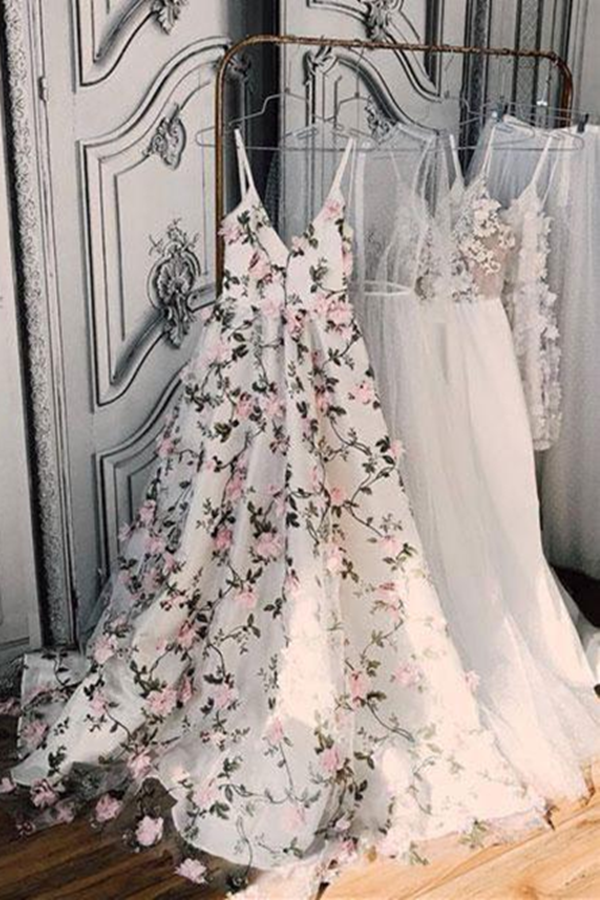 A line Spaghetti Strap Floor Length Tulle 3D Appliqued Prom Dresses KPP1416