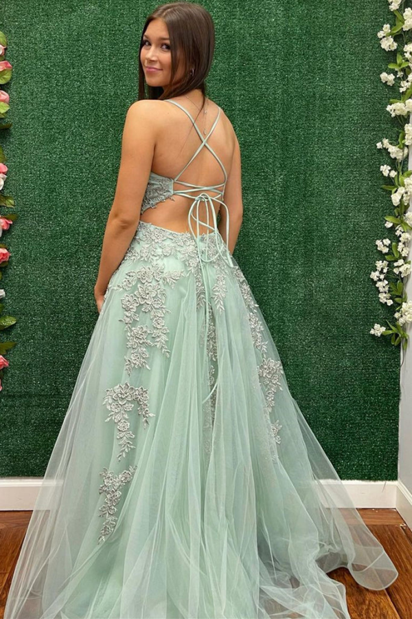 V Neck Backless Sage Tulle Lace Long Prom Dress with High Slit KPP1724