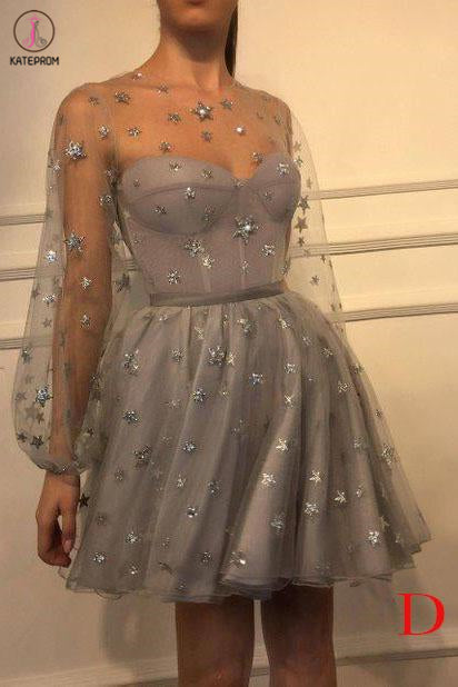 Sparkly Long Sleeve Short Party Dress, Unique Sheer Neck Mini Homecoming Dress KPH0455