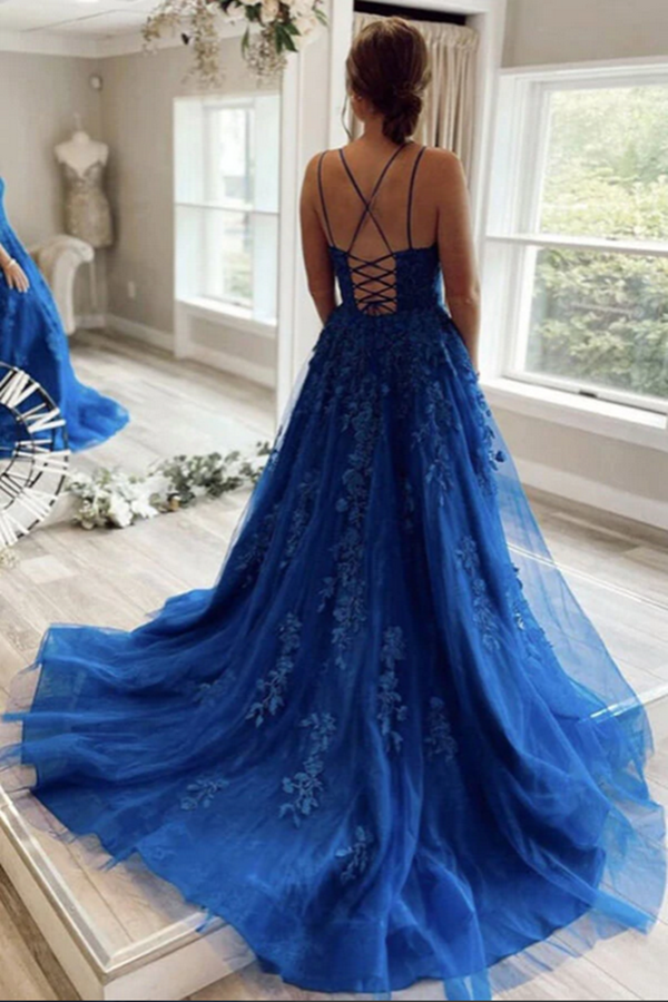 Blue Tulle Lace A line Scoop Lace Up Long Prom Dresses, Evening Gown KPP1549