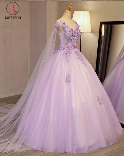 Unique Lilac Tulle Long Ball Gown Evening Dress with Flowers, Puffy Quinceanera Dresses KPP0728