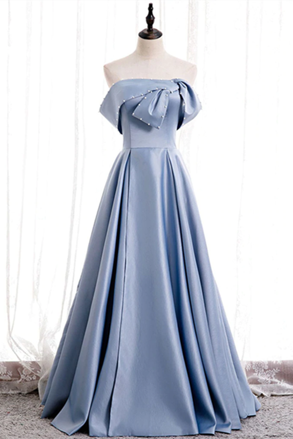 Chic A line Off the shoulder Beaded Floor Length Prom Dress Satin Evening Dress KPP1510
