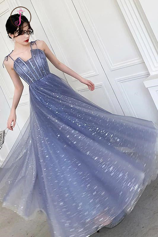Unique Sparkle Straps Floor Length Tulle Prom Dress, A Line Sleeveless Evening Dresses KPP1004