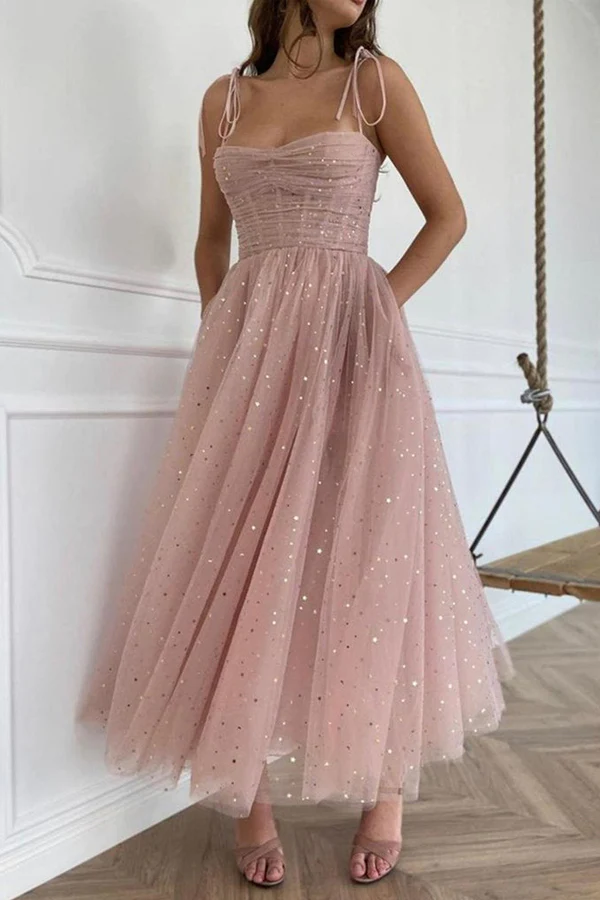 Straps Tea Length Pink Prom Dresses Tulle Homecoming Dresses KPH0634