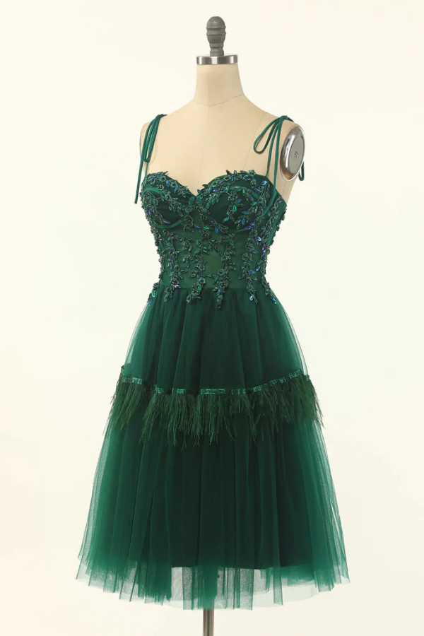 Green Sweetheart Tie-Strap A Line Tulle Short Homecoming Dress KPH0701