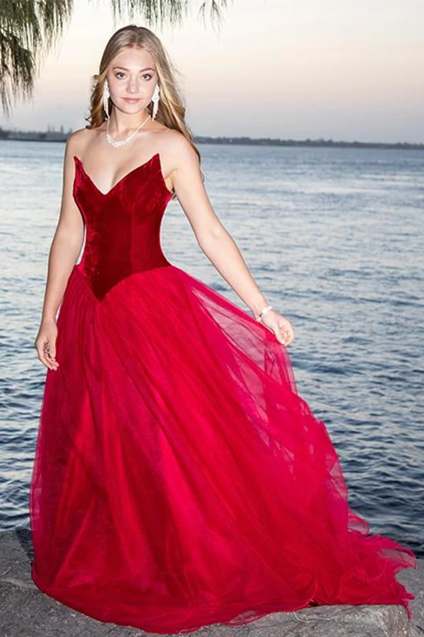 Burgundy A Line Tulle Strapless Prom Dress Long Formal Ball Dress, Evening Dress KPP1429