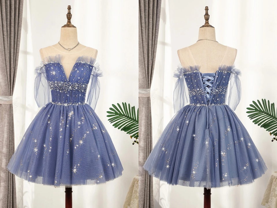 Flowy Cute A line Blue Homecoming Dresses Short Beading Prom Dress KPH0553