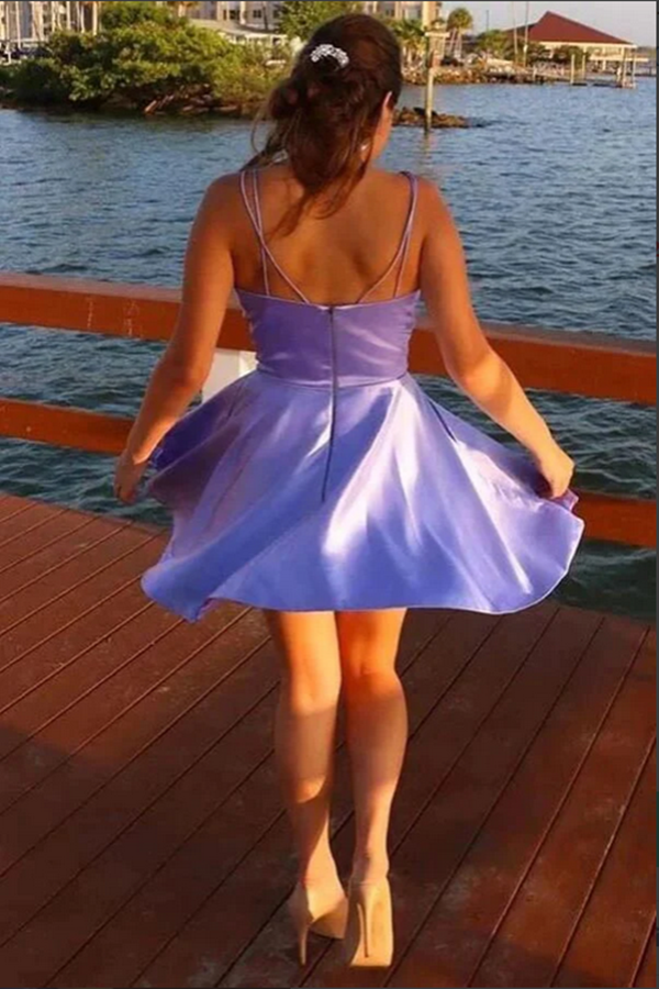 Septing - septing Lavender Satin A line Spaghetti Straps Homecoming Dresses With Pocket KPH0620