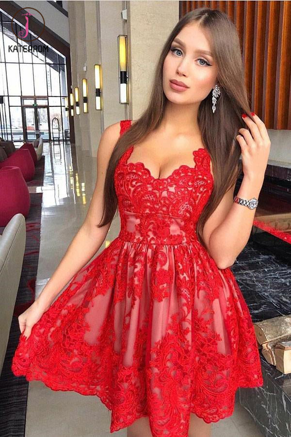 Red A-Line Straps Short Homecoming Dress with Appliques, Short Appliqued Prom Dress KPH0393