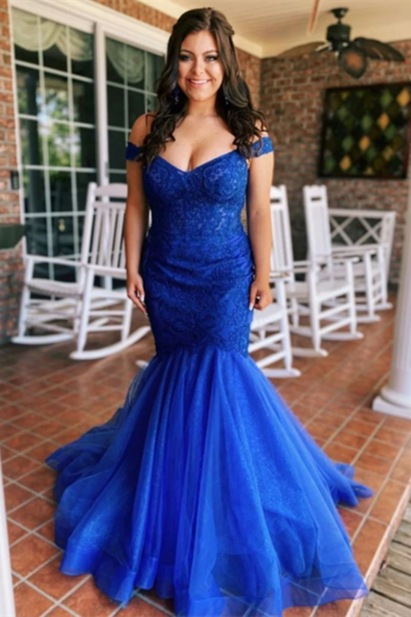 Chic Mermaid Off The Shoulder Royal Blue Prom Dress Tulle Evening Dresses KPP1495
