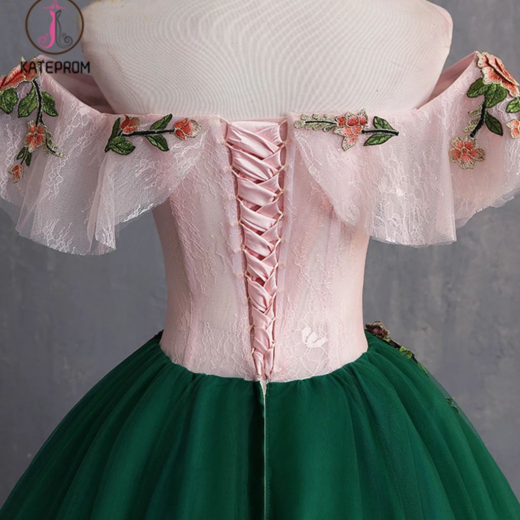 Green Off the Shoulder Floor Length Prom Dress with Appliques, Puffy Quinceanera Dress KPP1062