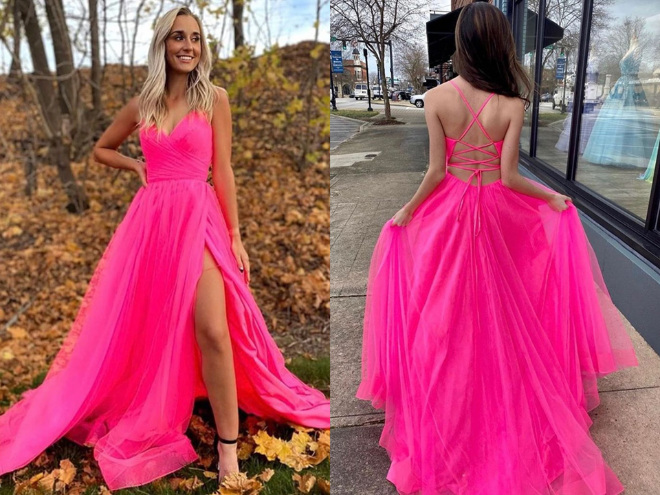 A Line V Neck Hot Pink Prom Dresses With Slit, Long Formal Evening Dresses KPP1447