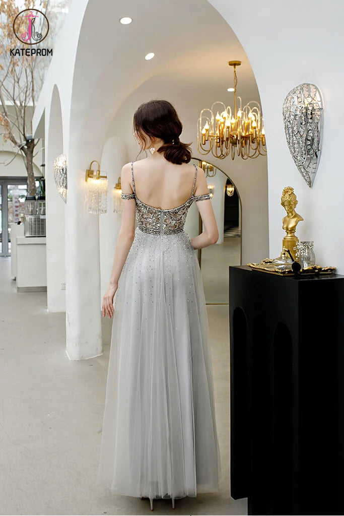 Light Gray Straps Floor Length Tulle Prom Gowns, A Line Long Party Dress KPP1293