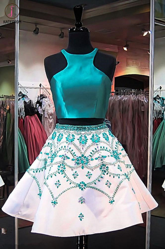A Line Two Piece Turquoise Short Homecoming Dresses with Beading, Formal Short Prom Dresses KPH0460