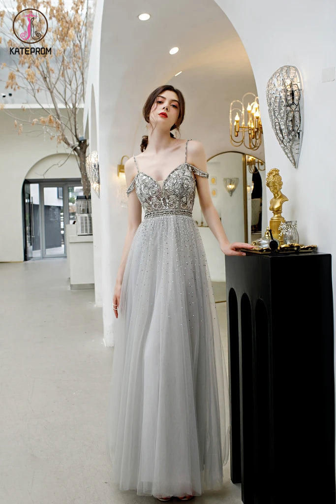 Light Gray Straps Floor Length Tulle Prom Gowns, A Line Long Party Dress KPP1293