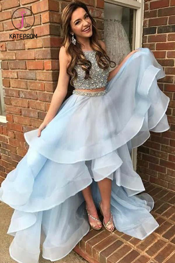 Light Blue Two Piece Beading High Low Prom Dresses, Sparkly Sleeveless Evening Dress KPP0899