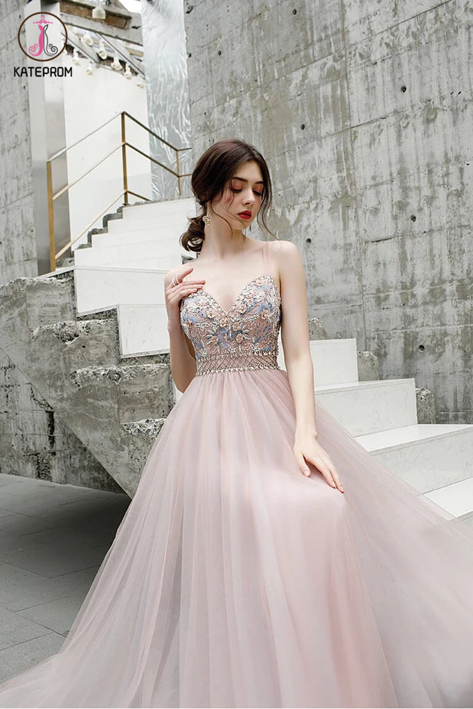 A Line Floor Length Spaghetti Straps Tulle Prom Dress with Beads KPP1289