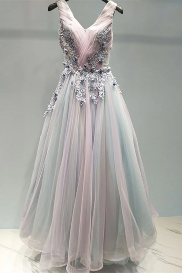 Beautiful Prom Dress A line V neck Applique Ombre Tulle Long Prom Dresses Evening Dress KPP1491