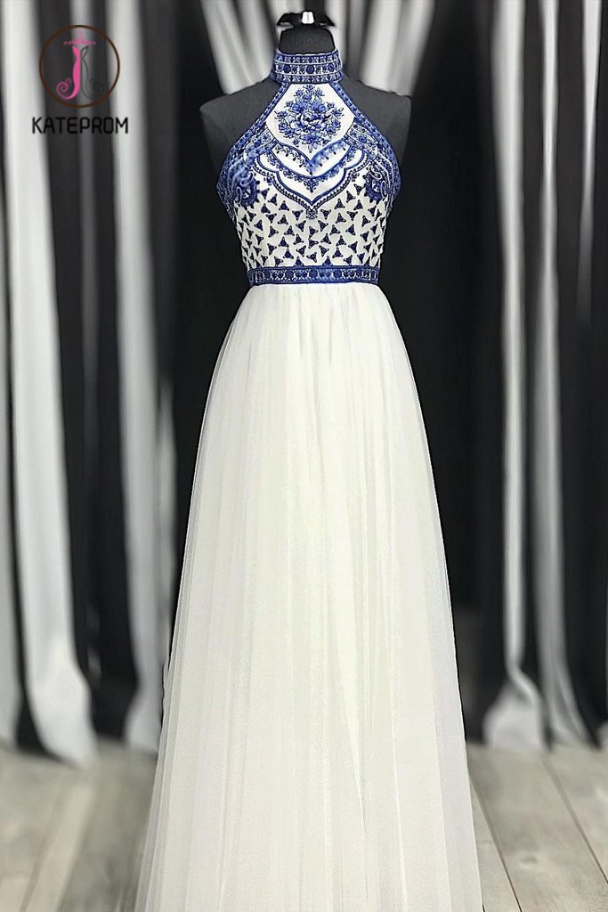White High Neck Long Prom Dress with Royal Blue Embroidery, Charming Party Dress KPP0863